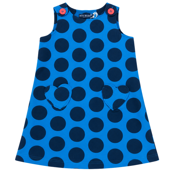 Mini Boden Pinafore Dress Size 7-8Y Blue/Navy  Polka Dot Heart Pockets