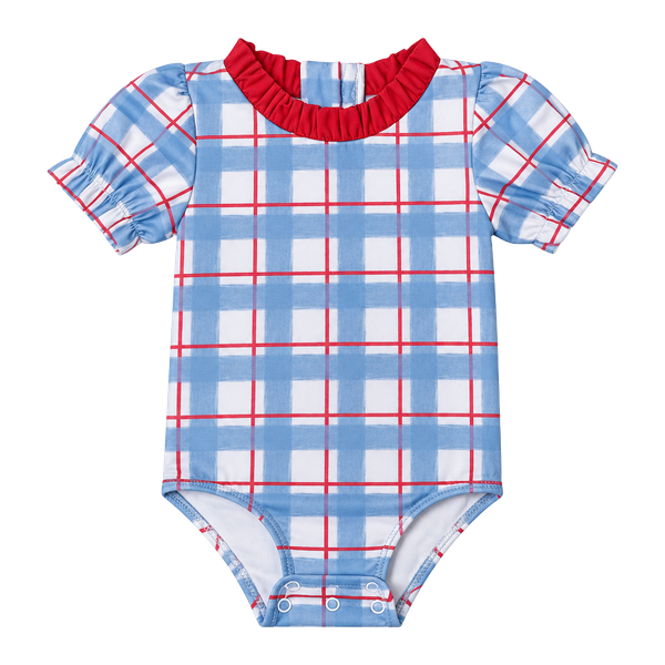 Hamner Hill Plaid Swimsuit Size 3M Blue Red Ruffle Baby Bodysuit