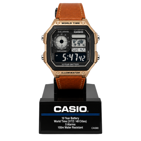 Casio AE-1200WH World Time Watch Brown Leather Strap
Half negative face