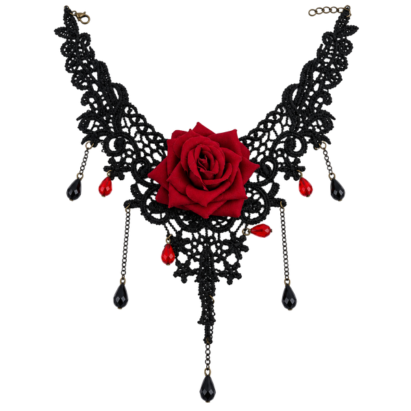 Gothic Black Lace Red Rose Choker Necklace Victorian Vampire Statement Jewelry