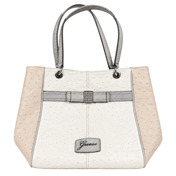 Guess Ostrich Embossed Faux Leather Shoulder Bag White Beige Bow Rhinestone