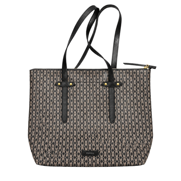 Fossil Felicity Logo Tote Bag Black Brown Monogram Shoulder Purse