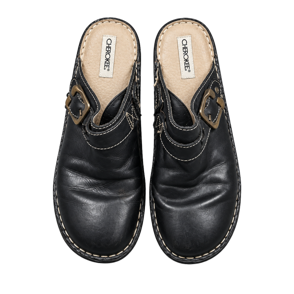 Cherokee Leather Mules Size 9 Black Buckle Clogs