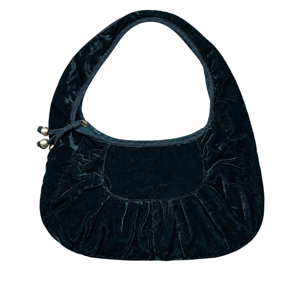 Vintage Black Velvet Ruched Shoulder Bag Y2K Gold Hardware