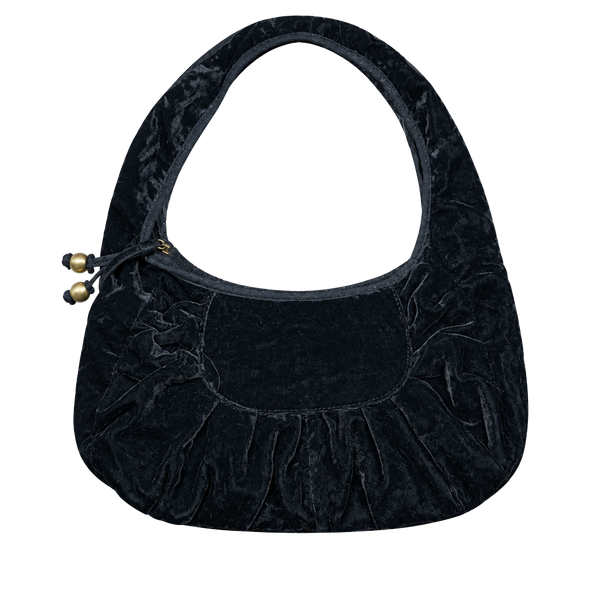 Vintage Black Velvet Shoulder Bag Handbag with Gold Tone Accents