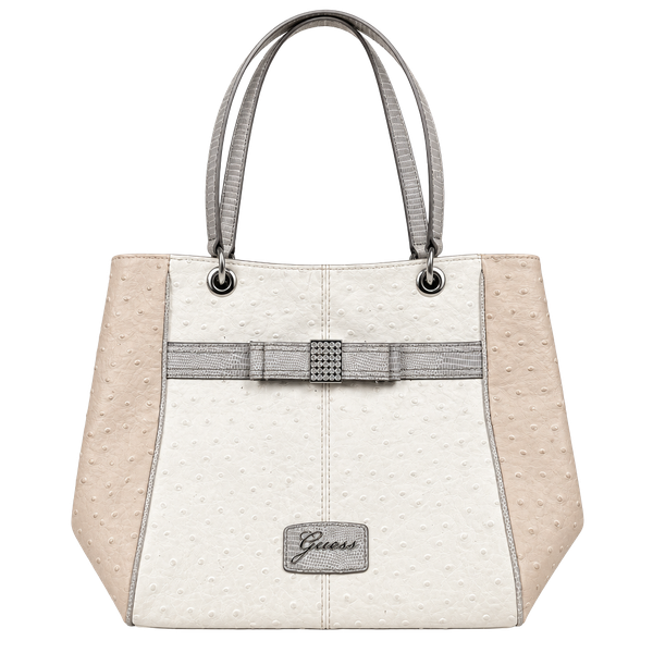 Guess Ostrich Embossed Tote Shoulder Bag White Beige Bow Rhinestone