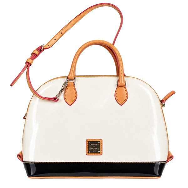 Dooney & Bourke Zip Zip Satchel Patent Leather Pearl White Tan