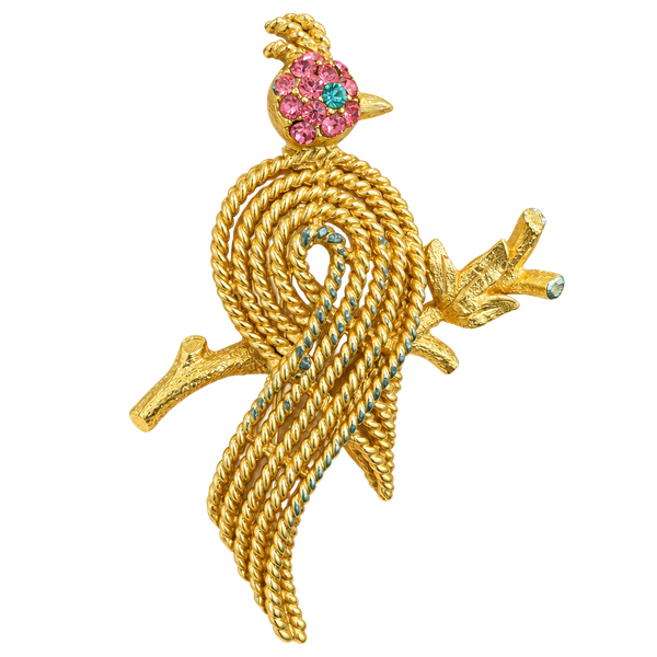 BSK Vintage Gold Bird On A Branch Rhinestone Brooch