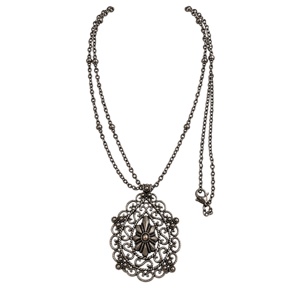 Vintage Filigree Pendant Necklace Silver Tone Ornate