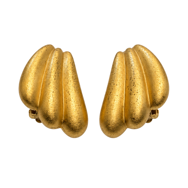 Carolee Clip On Earrings Gold Tone Shell Ribbed Vtg