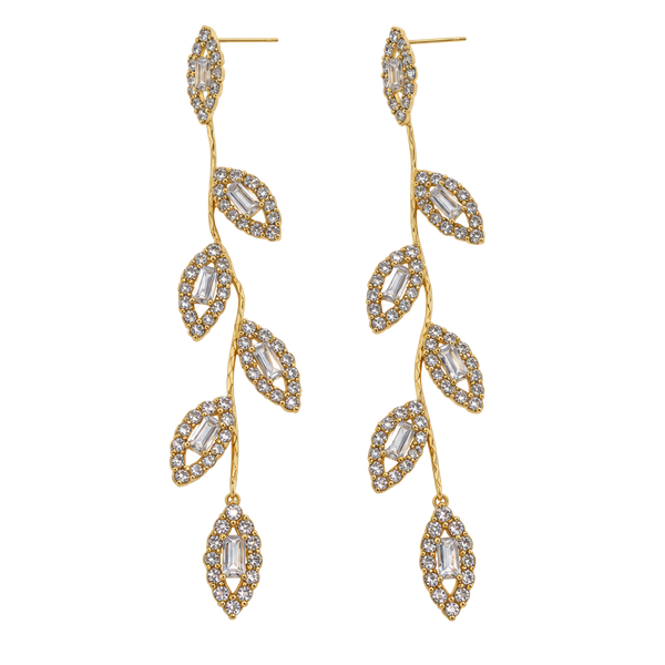 Gold Toned Rhinestone Leaf Drop Earrings