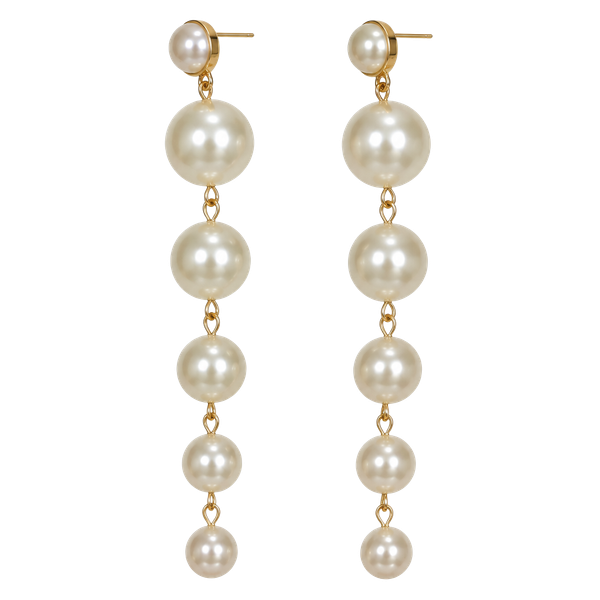 Long Graduated Faux Pearl Drop Earrings Gold Tone