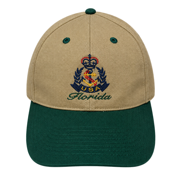 Vtg 90s Florida USA Snapback Hat Two Tone Khaki Green Nautical Anchor Crest Cap