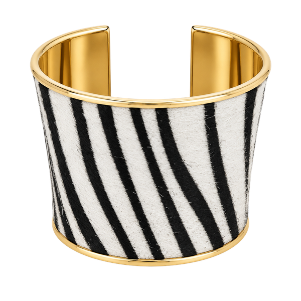 Zebra Print Faux Fur Cuff Bracelet Gold Tone Open Wide Statement Jewelry