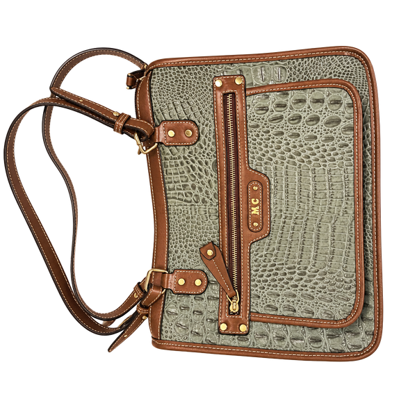 Marc Chantal Croc Embossed Leather Shoulder Bag Green Brown