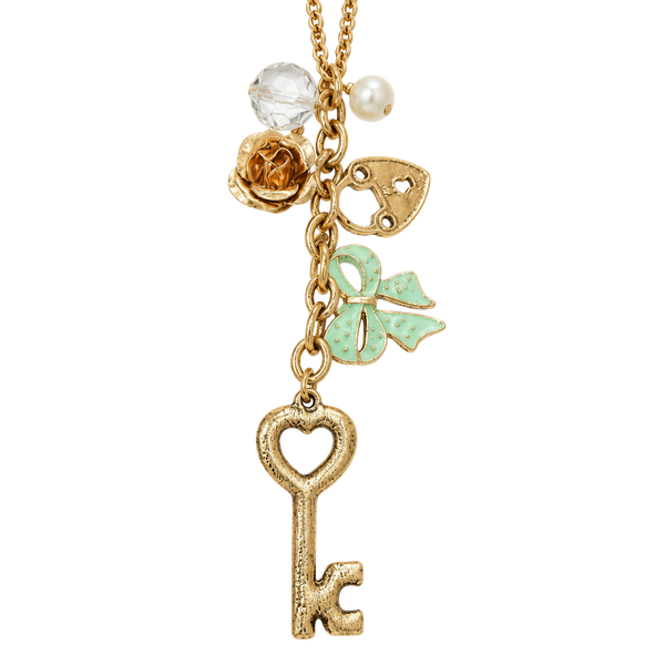 Juicy Couture Gold Tone Charm Necklace Key Heart Bow