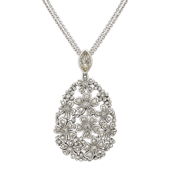 Avon Jose Barrera Silver Teardrop Pendant Necklace with Marcasite Flowers