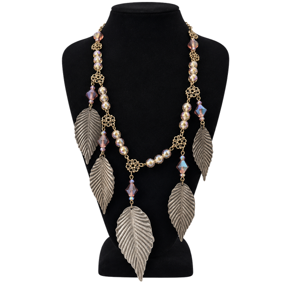 Vintage Beaded Leaf Pendant Necklace with Crystal and Metal Accents