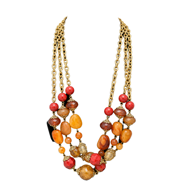 Multi Layer Beaded Necklace with Gold Chains and Orange Pink Beads