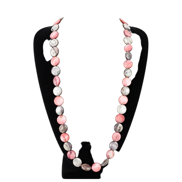 Vintage Pink and Gray Marbled Stone Bead Necklace with Silver Toggle Clasp