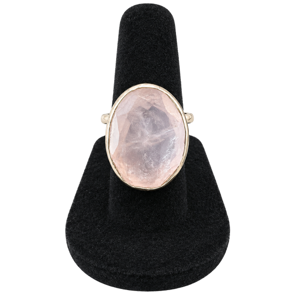 Rose Quartz Gemstone Ring Sterling Silver Oval Faceted Statement Ring