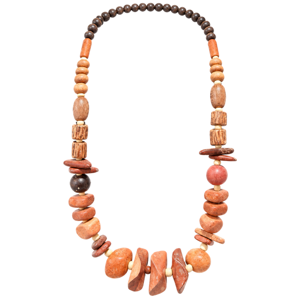Vintage Wooden Beaded Statement Necklace Earth Tone Boho Style