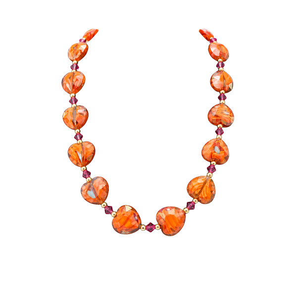Handmade Orange Heart Bead Necklace with Purple Accents