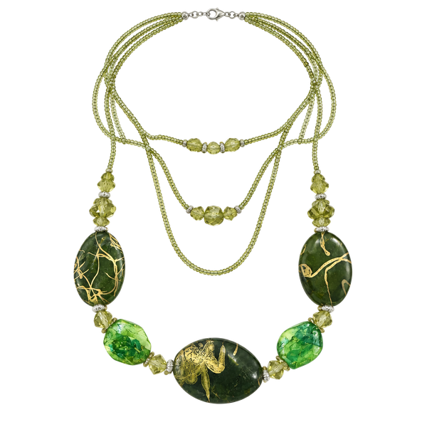 Green and Gold Murano Glass Beaded Long Necklace with Gold Chain