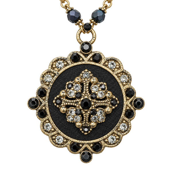 Vintage Black Rhinestone Gold Tone Cameo Long Chain Necklace
