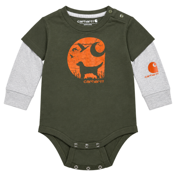 Carhartt Long Sleeve Graphic Bodysuit Size 6M Green Dog Moon Hunter
