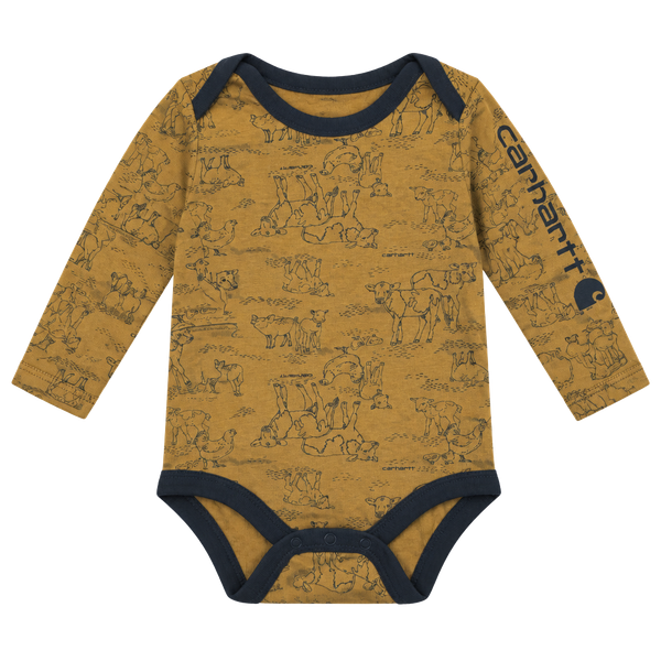 Carhartt Farm Print Long Sleeve Bodysuit Size 6M Brown Animal Print