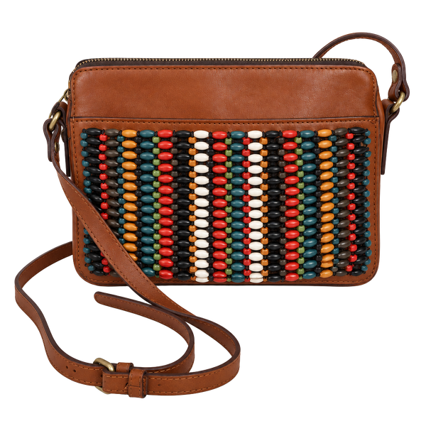 Patricia Nash Leather with Bright Wooden Bead Front Top Zip Crossbody Bag