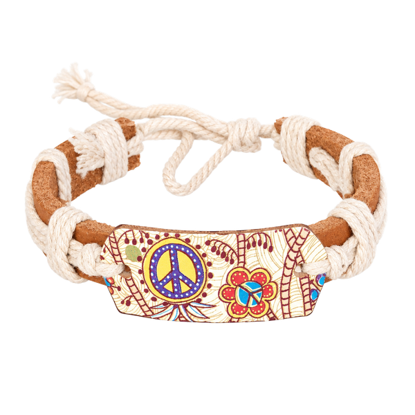 Brown Leather &White Cord Wrap Tie Bracelet, Adjustable Peace Theme #flowerpower