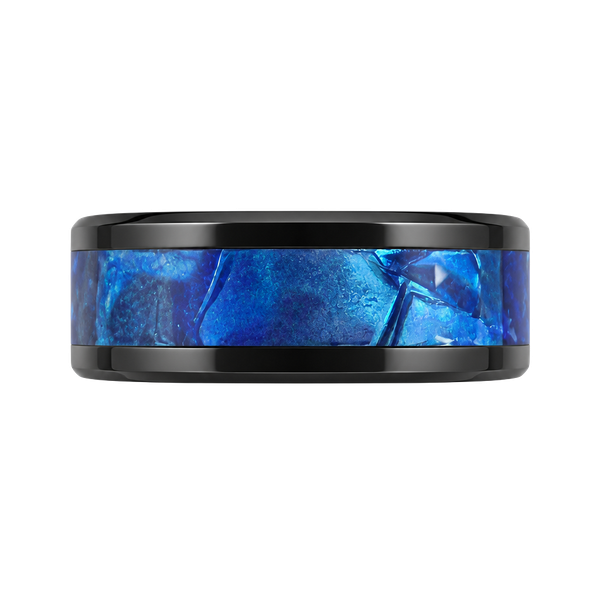 Black Tungsten Ring Blue Opal Inlay Beveled Edges 8mm Band Size 8