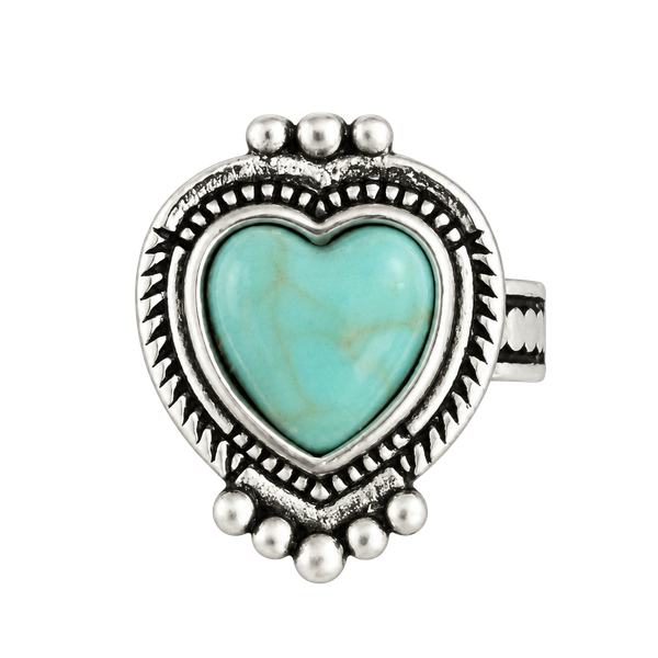 Turquoise Heart Ring Filigree Oxidized Silver Size 6