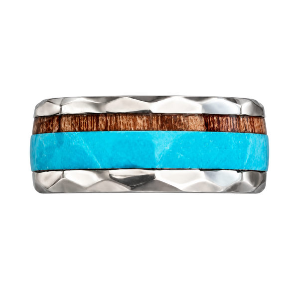 Tungsten Turquoise And Koa Wood Hammered 6mm Band Ring Size 12