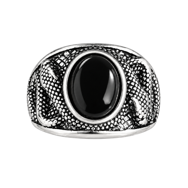 Vintage Gothic Snake Design Black Gemstone Titanium  Silver Size 9