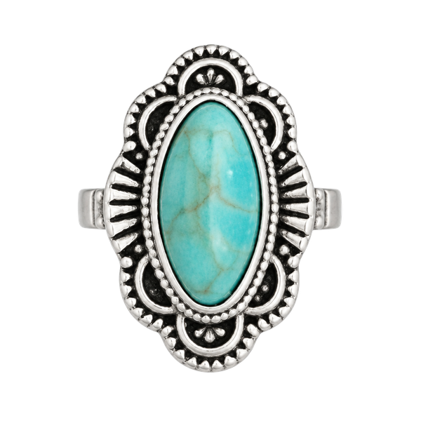 Bohemian Turquoise Style Ring Silver Tone Oval Stone Size 6