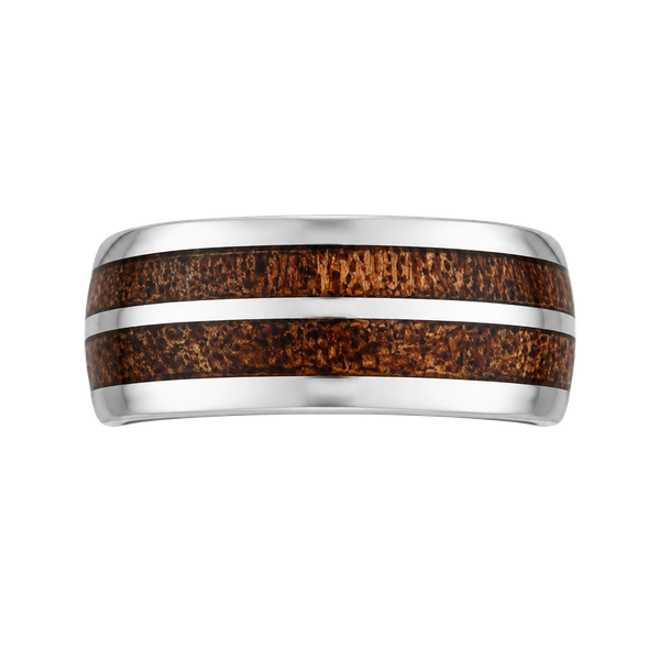 Tungsten Koa Wood Inlay Titanium Steel Silver Polished Finish 6mmBand Size 7