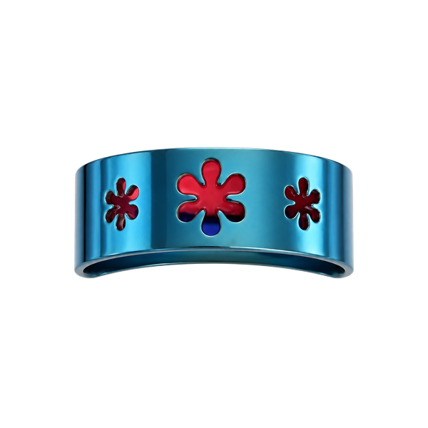 Metallic Blue Steel Flower Cutout 6mm Band Unisex Ring Size 9