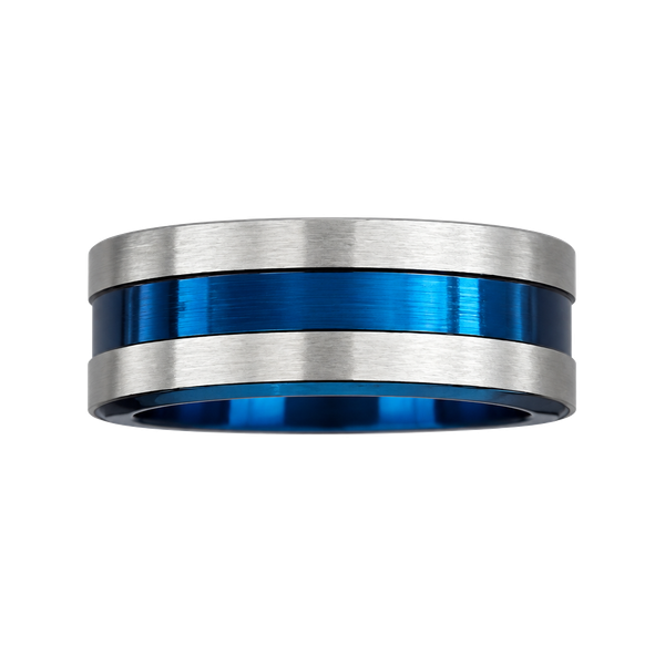 Tungsten Blue & Silver Titanium Steel Polished Finish 6mm Groove Band Size 9