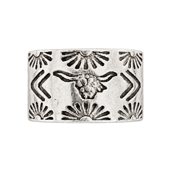 Western Steer Skull Stamped Ring Silver Country Rodeo Wide Band Size 8