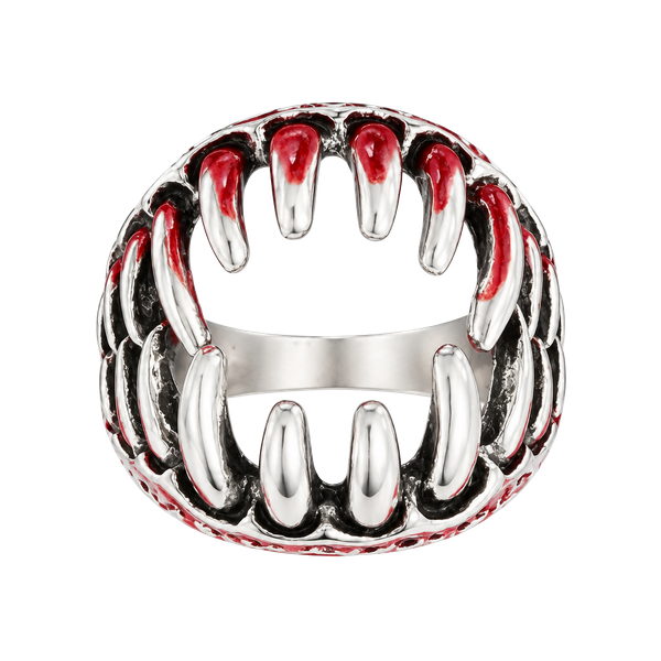 Gothic Vampire Teeth Jaw Fang Titanium Steel Silver Ring Size 9