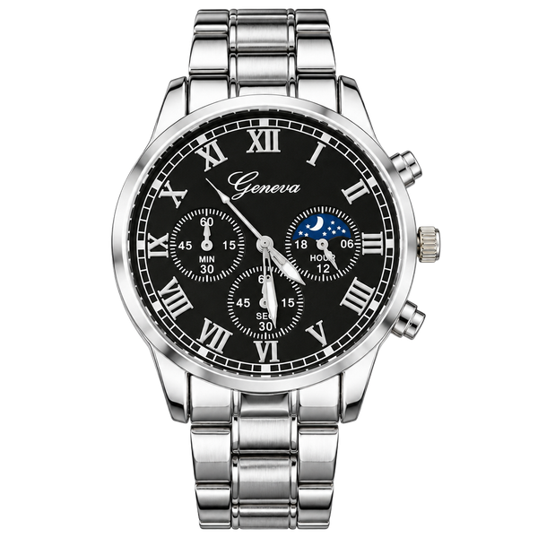 Geneva Roman Numeral Quartz Luxury Timepiece Black Dial Silver Steel