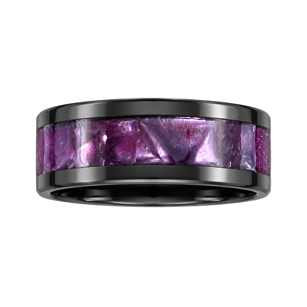 Black Tungsten Ring with Purple Cypraea Tigris Inlay 8mm Band Size 9-Unisex