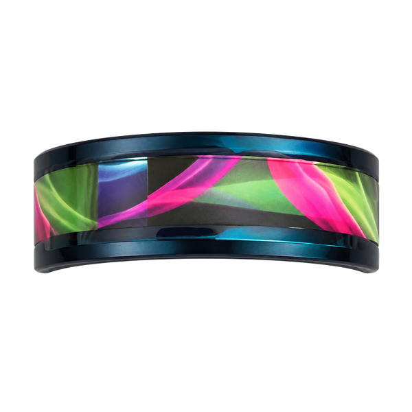 Damascus Titanium Steel Metallic Blue Kaleidoscope Ring with Glow Inlay 6mm Size 11