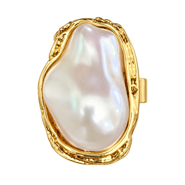 Chunky Gold Baroque Pearl Statement Ring Adjustable Size 6-9
