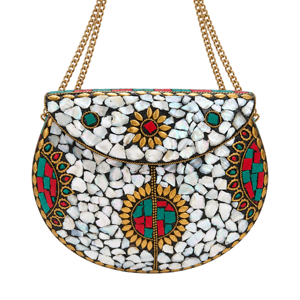 Vintage Mosaic Shell Brass Crossbody Clutch Bag
#15V926