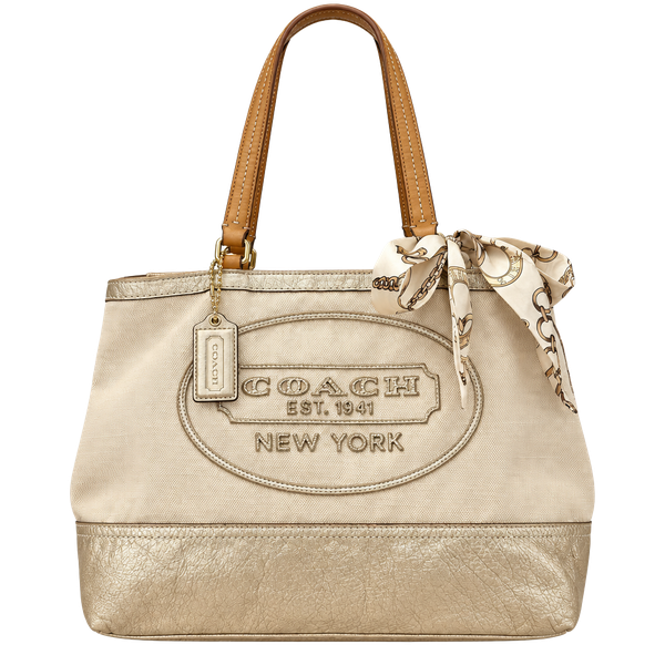 Coach Beige & Gold Linen Tote Handbag 
#45V1026