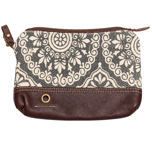 Myra Bag Canvas Wristlet Pouch with Leather Trim and Zipper Closure